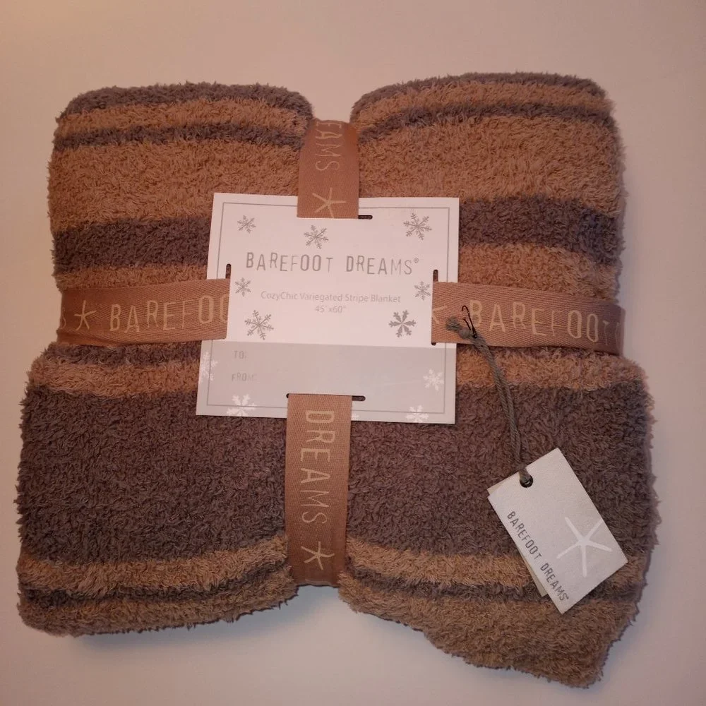 BAREFOOT DREAMS CozyChic Variegated Striped Blanket Throw - Tan/Warm Gray - Picture 5 of 10